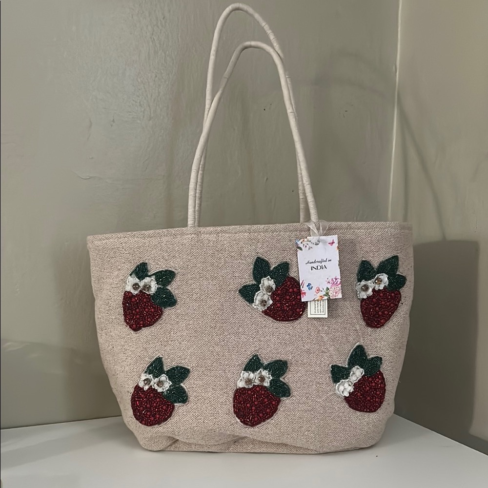 NWT Handcrafted in India Beige Tote with Strawberry Accents